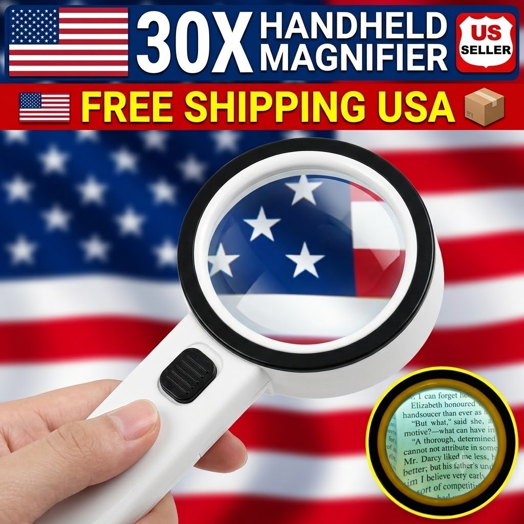 30X Jumbo Handheld Magnifying Glass w/ 12 Bright LED Light Illuminated Magnifier