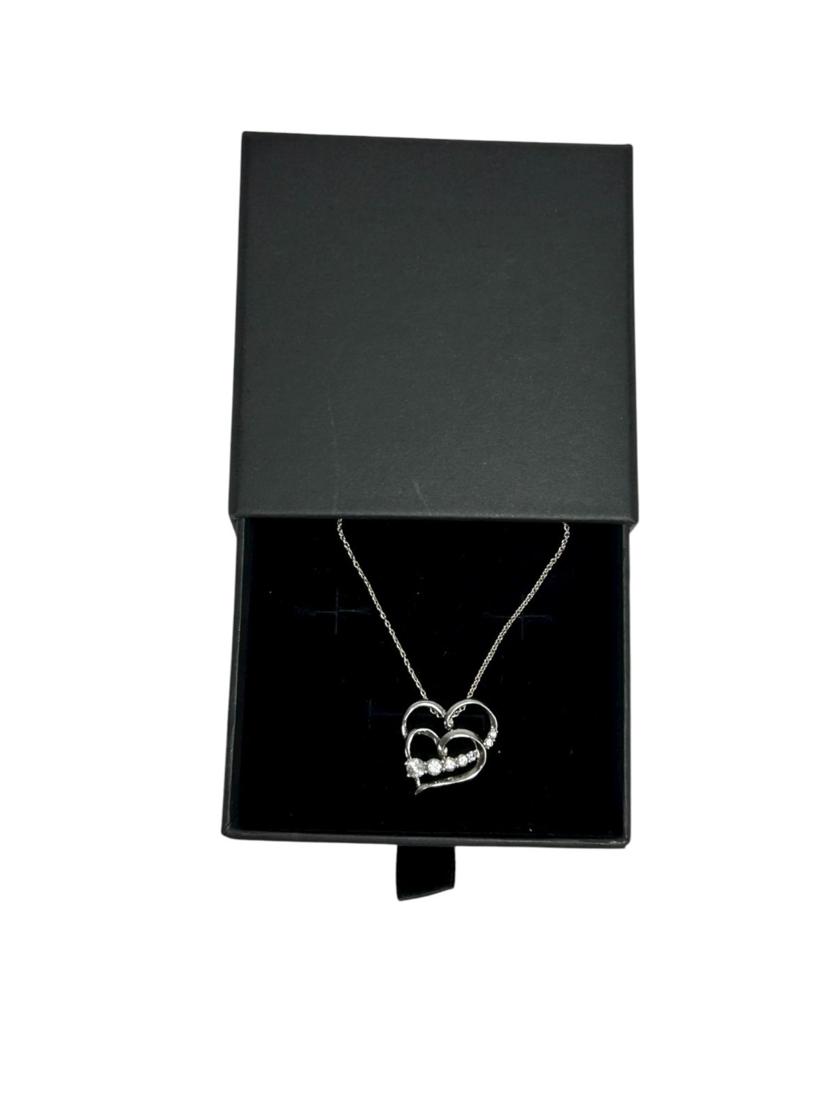 925 Sterling Silver Necklace Two Hearts Pendant Love Charm Genuine Diamonds