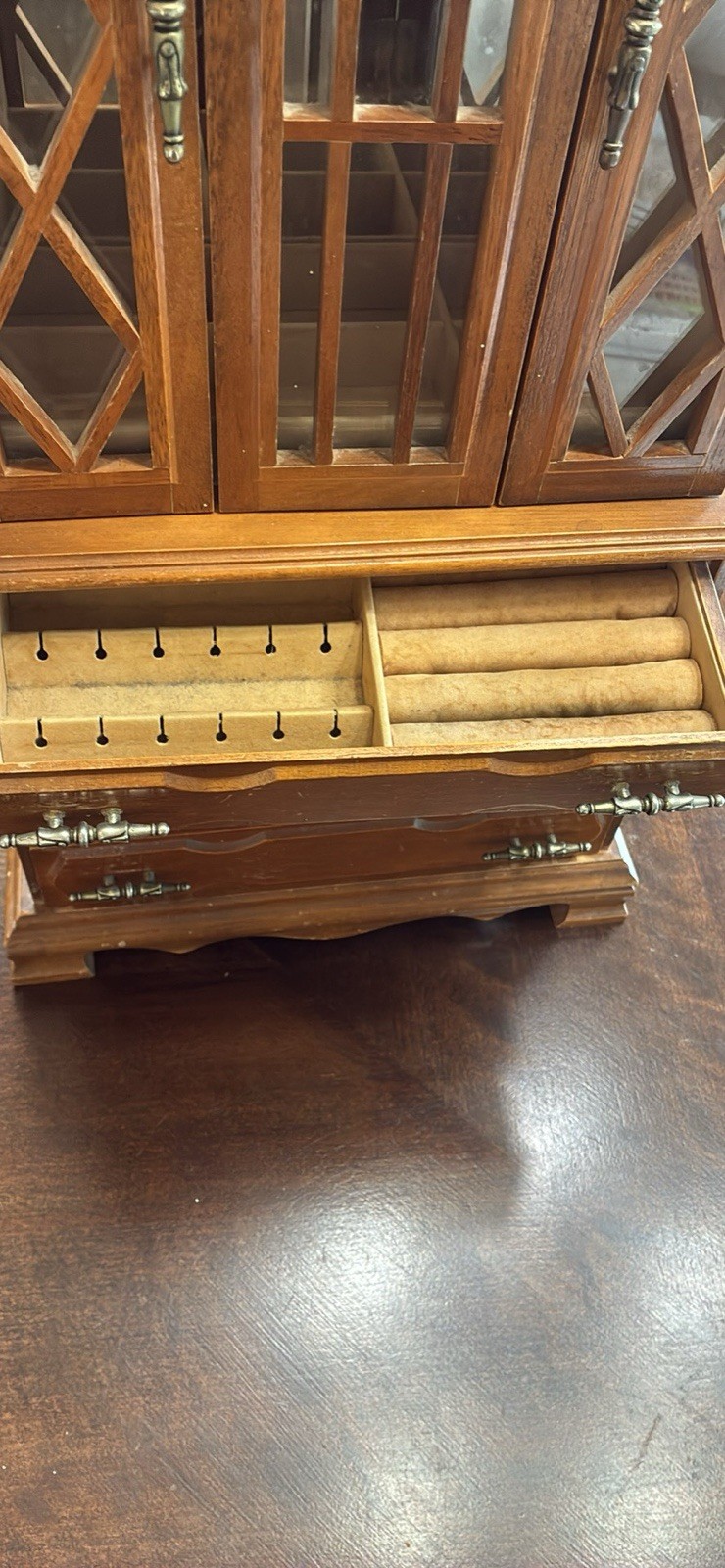 Brown Wood Jewelry Box Armoire w/ Mirror, Velvet Lined Drawers, Ring Storage