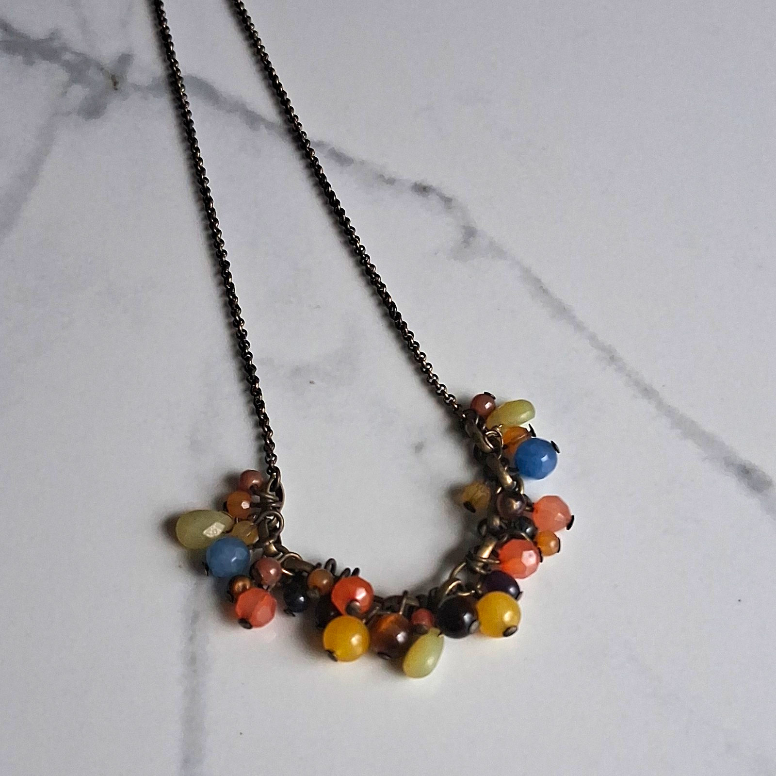 Multicolor Beaded Cluster Bib Necklace, Metal Cable Chain, Lobster Clasp