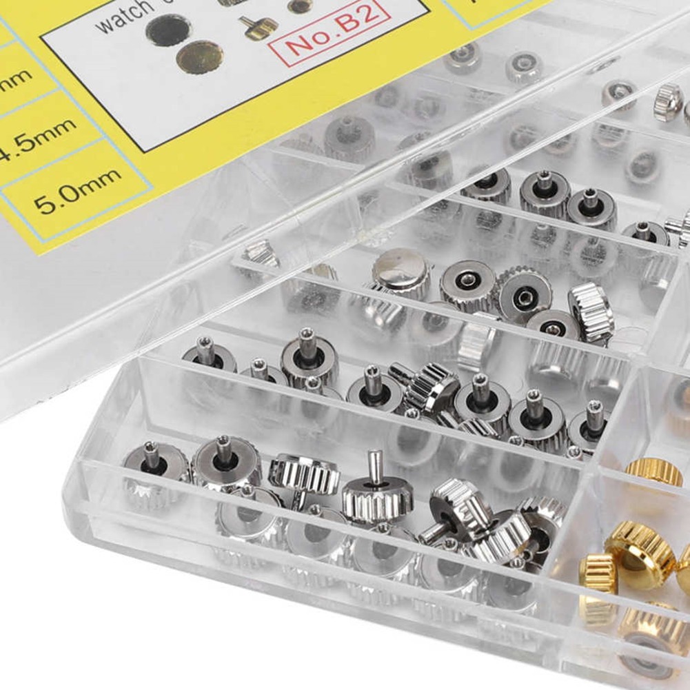 100Pack 3.0‑7.5mm Alloy Watch Crown Head Assortment Watchmaker Repair Box Kit