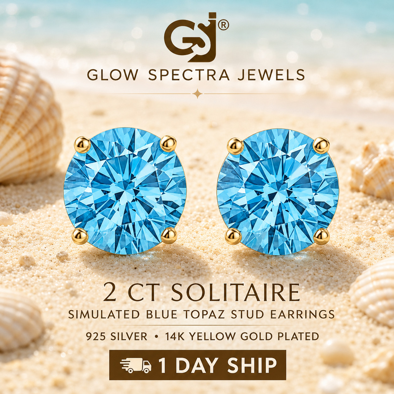 2.00CT Solitaire Blue Topaz Stone Stud Erring 925 Silver 14k Yellow Gold Plated