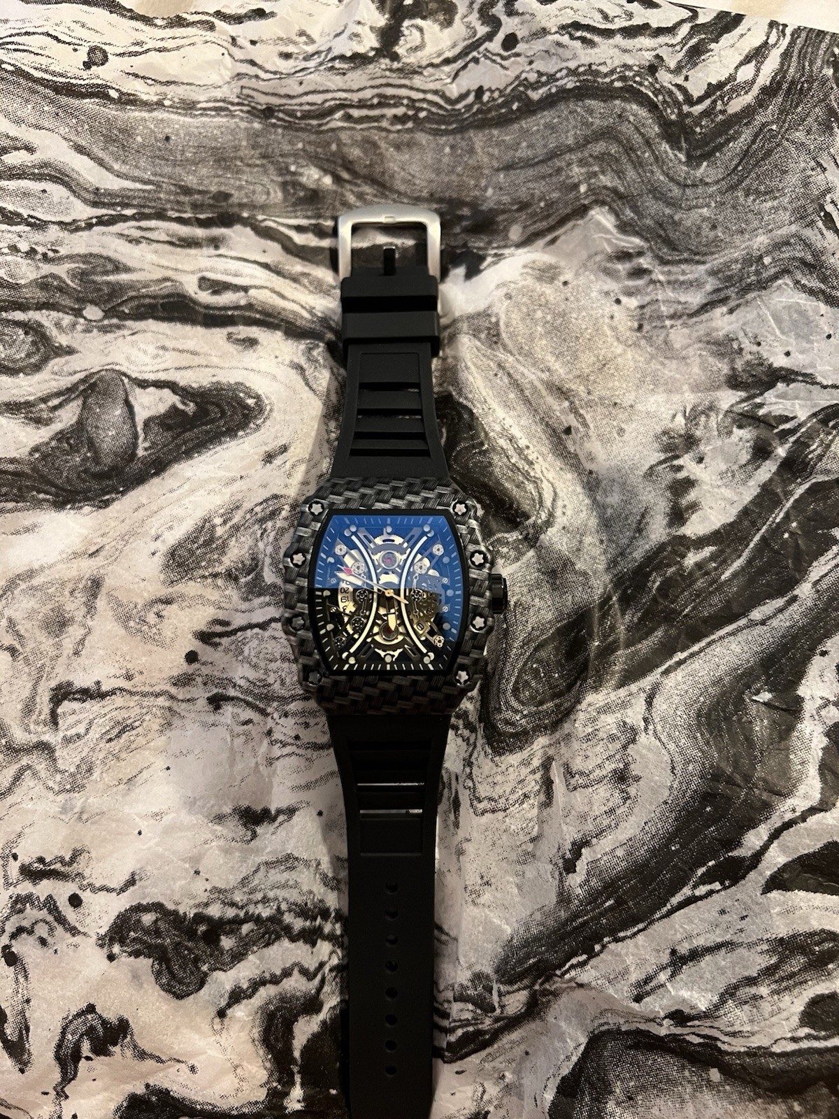 Men’s Skeleton Analog Tonneau Watch Carbon Fiber Black Case Black Rubber Strap