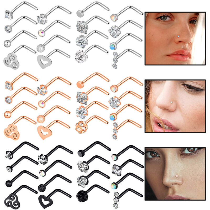 16Pcs Curved Nose Stud Surgical Steel Nose Ring Crystal L Bend Stud Piercing 20G
