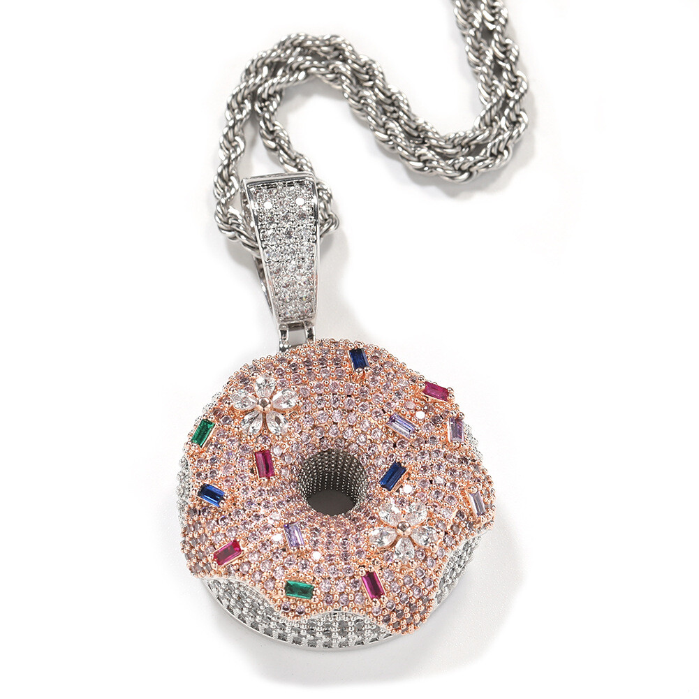 Hip Hop Colorful Donut Pendant Necklace 18k Real Gold Plated Full Zircon Jewelry