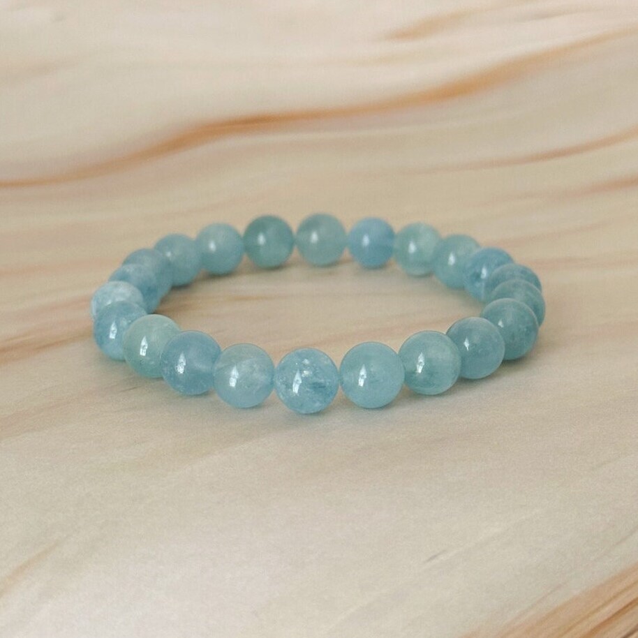 Natural 8mm Aquamarine Stone Bracelet Aqua Crystal Stretch Bracelet Handmade