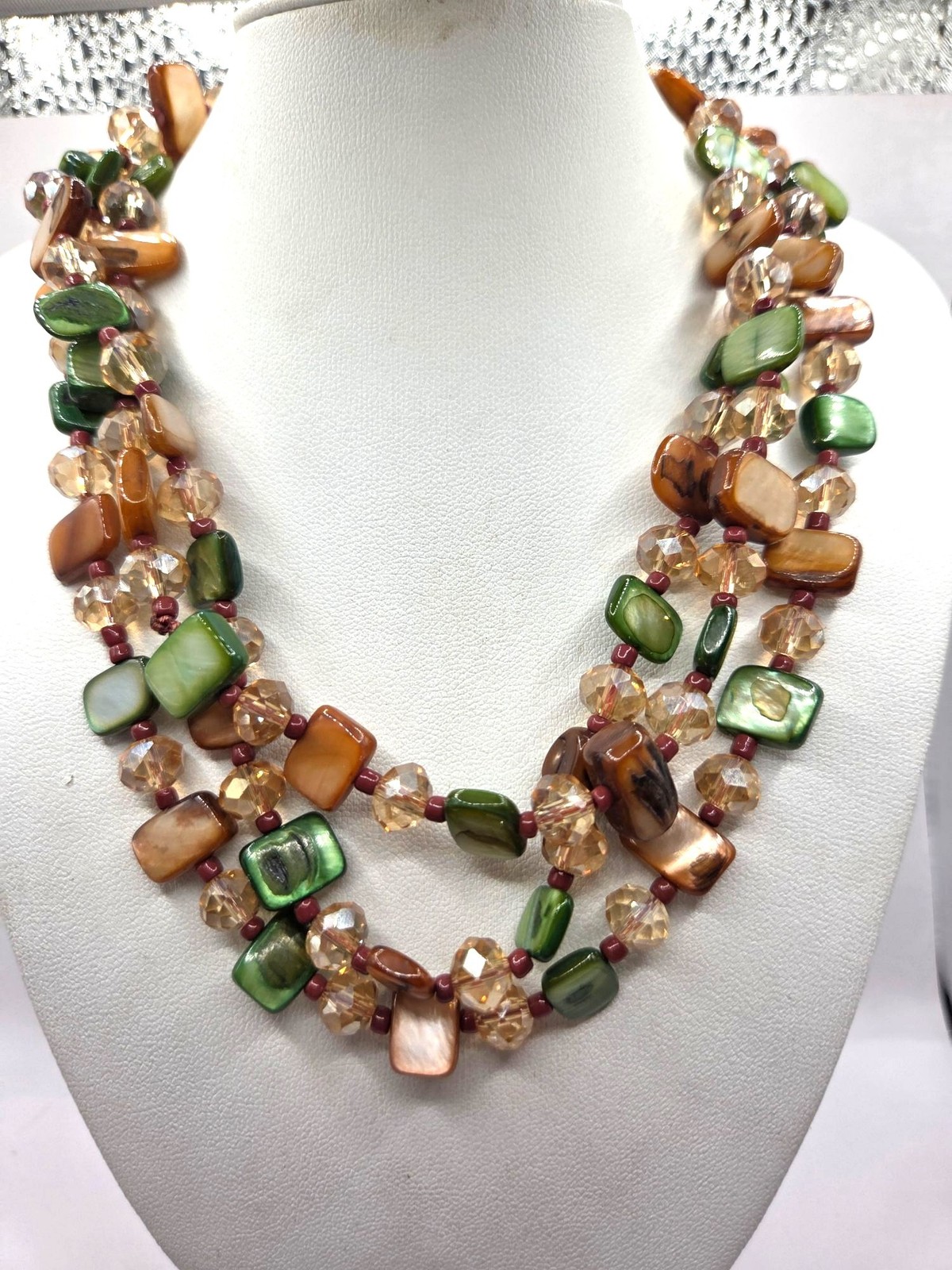 Multicolor Shell & Crystal Beaded Layered Necklace Green & Orange Statement