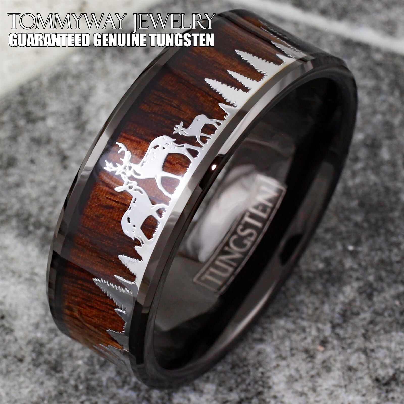 Black Tungsten Men’s Ring Deer Family Forest Scenery Wood Wedding Band