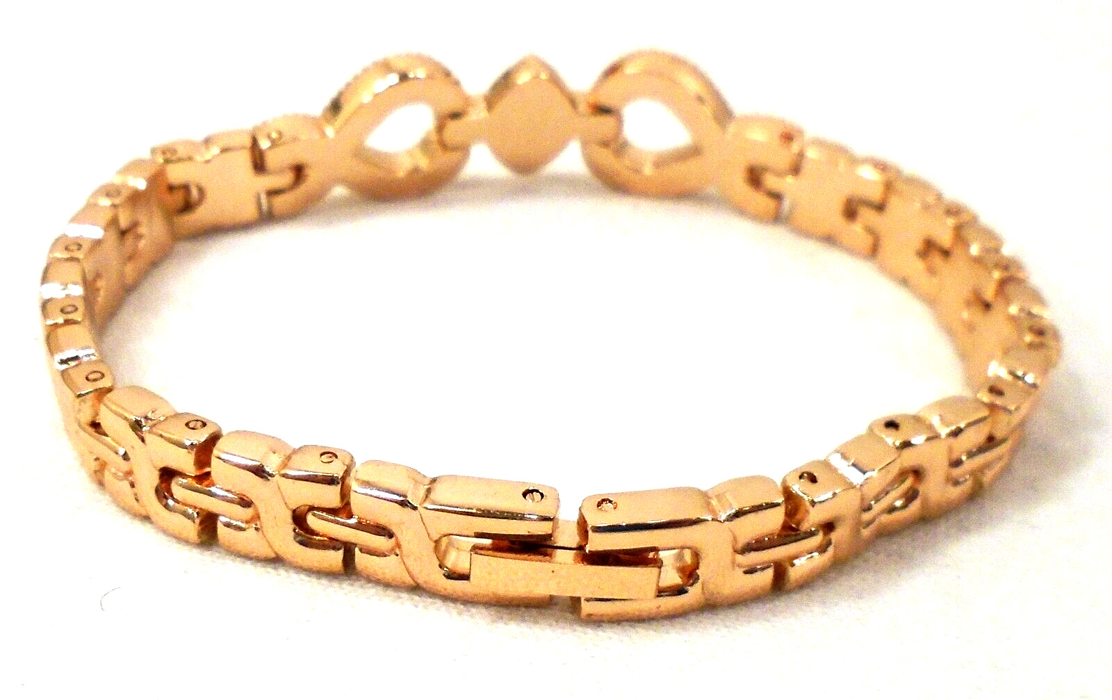Rose Gold Colored Rhinestone Link Bracelet Fold Over Clasp 7.5″