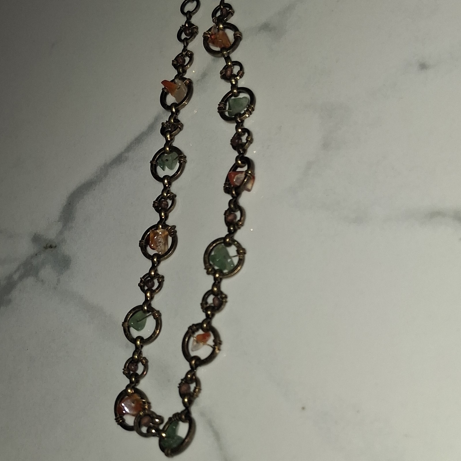 Bronze Tone Cable Chain Necklace w/ Round Green Glass Stones, Lobster Clasp