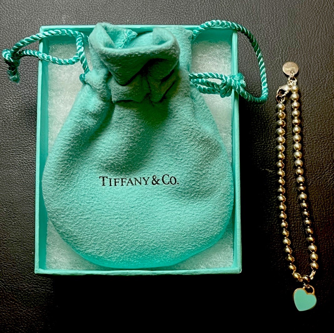 Tiffany & Co. Return to Tiffany .925 Silver Beaded Heart Tag Charm Bracelet Blue