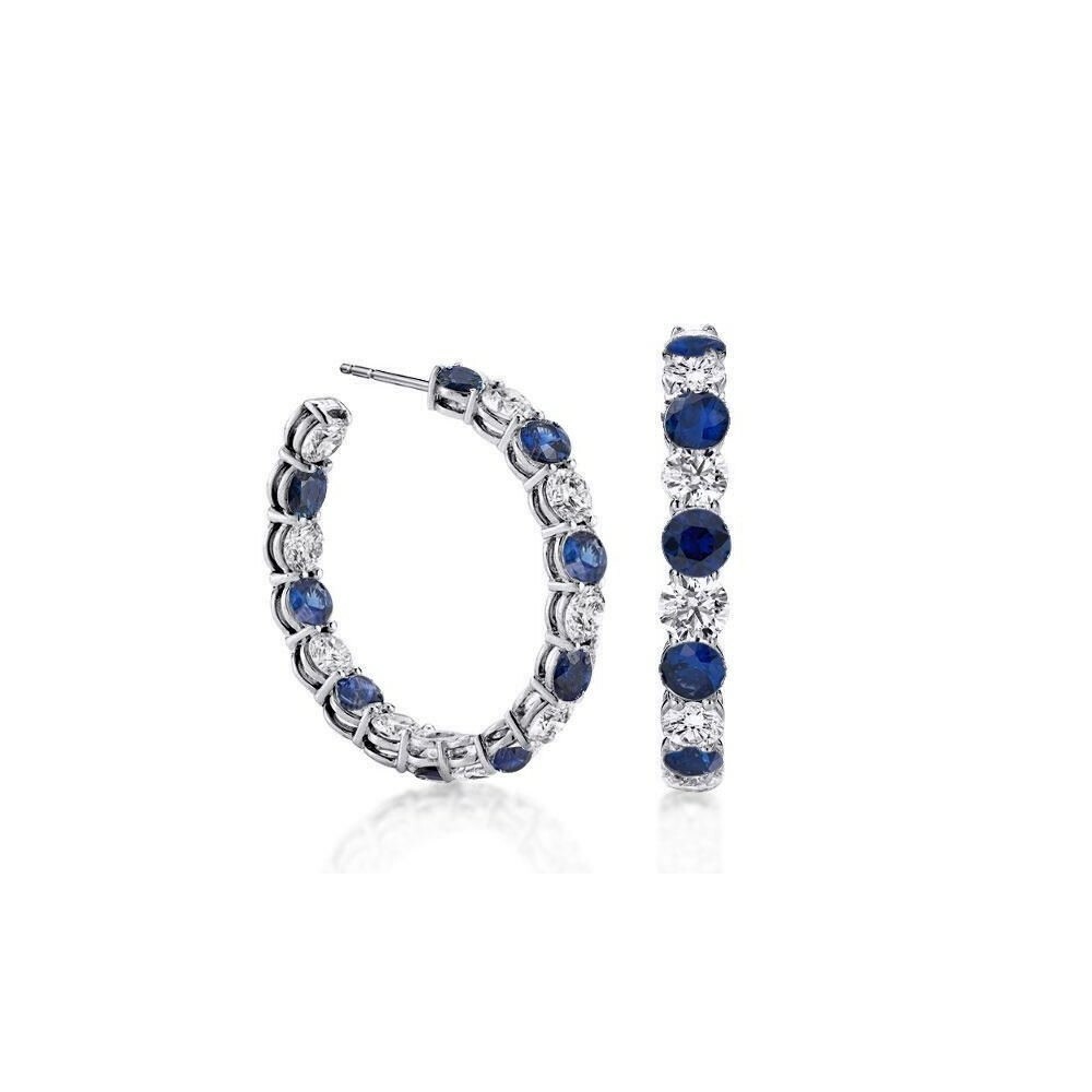 925 Sterling Silver White & Sapphire CZ Hoop Earrings Jewelry Gift For Women