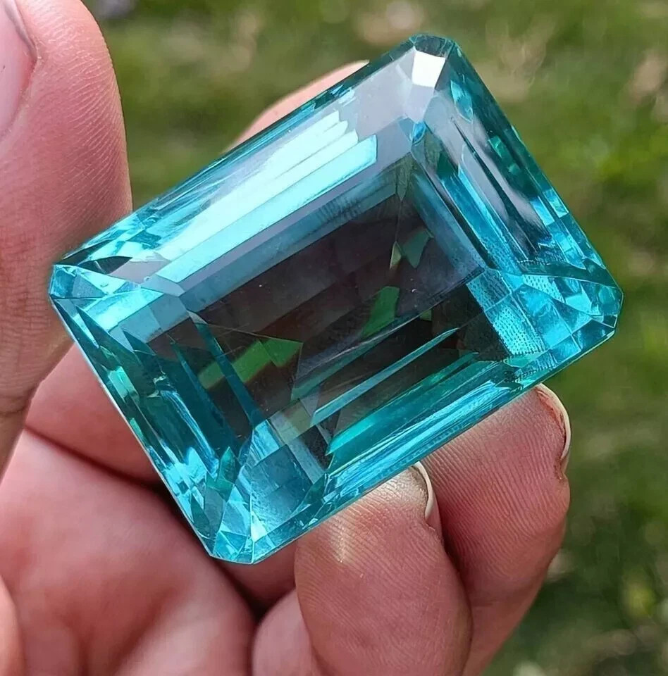 101 CT Flawless Sky Blue Aquamarine Emerald Cut Certified Loose Gemstone