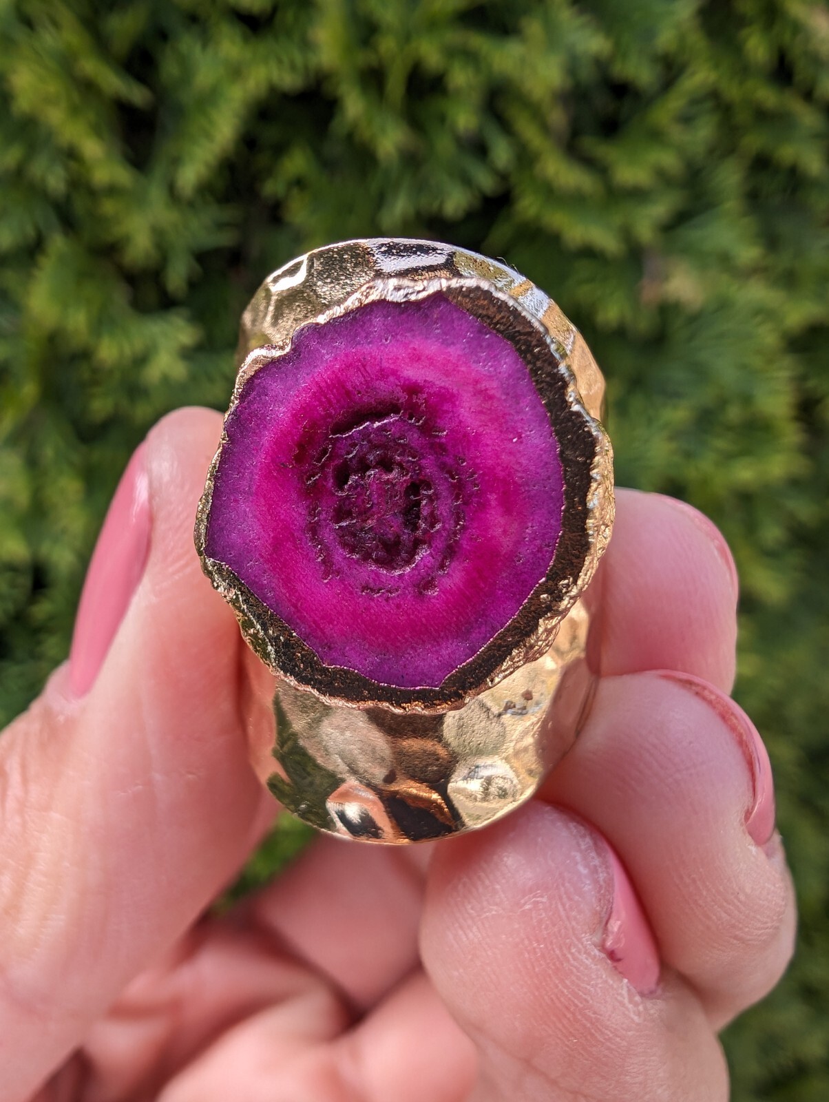 Artisan Handmade In Morocco Adjustable Pink Geode Wide Band Gold Ring Size 9.25