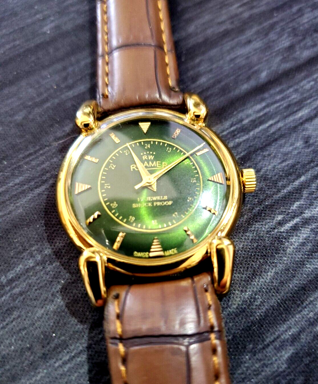 ✨Rare Swiss Roamer Brevete Mens Manual Watch Gld Grn Brw
