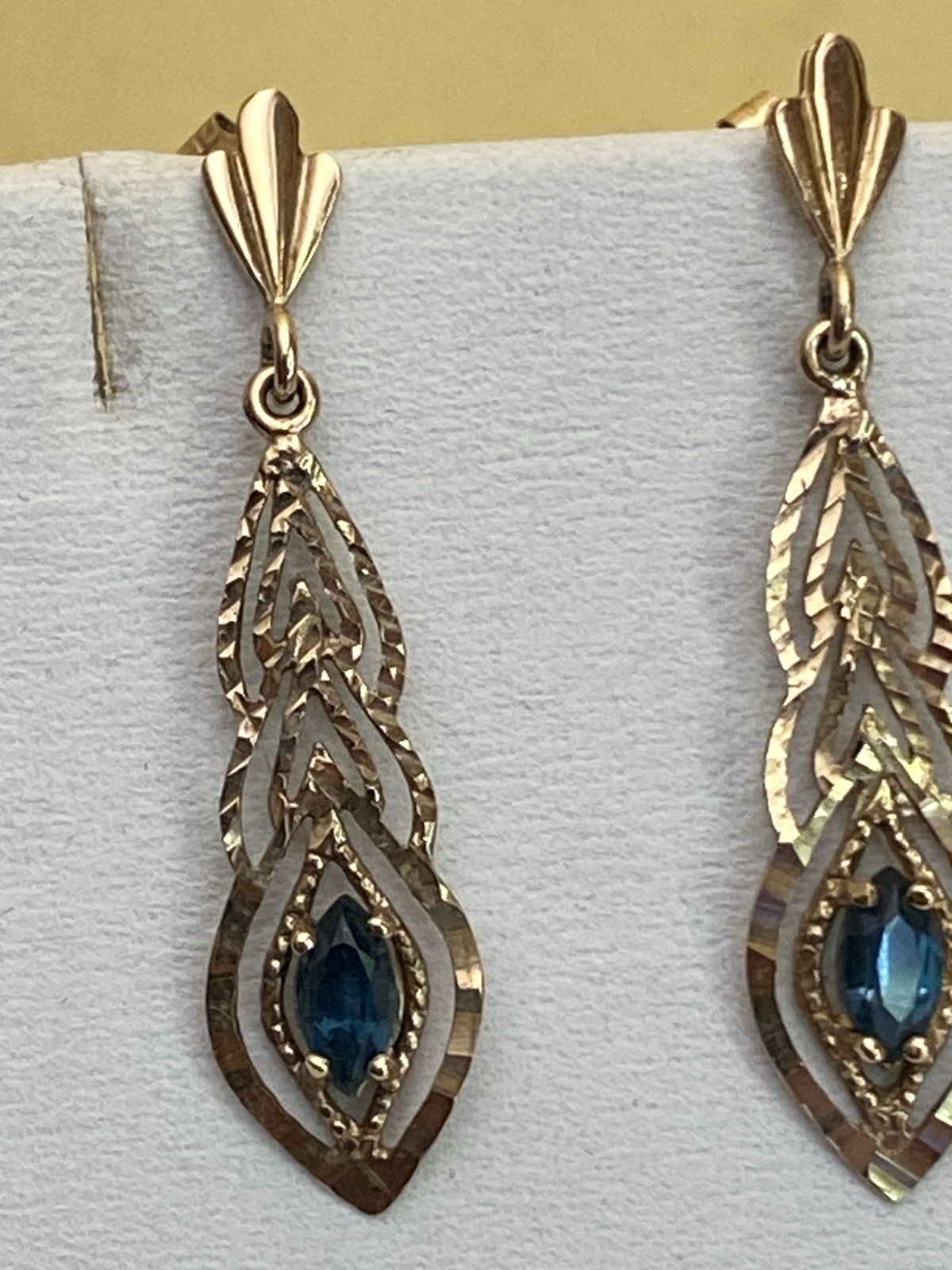 9 Carat Yellow Gold Marquise Cut Blue Spinel Earrings 3.3cm Drop