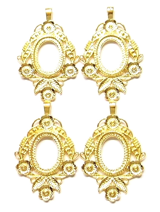 4 of 30x22mm Shiny Gold Flower and Leaf Pendant Settings, For Cameos, Cabs Glass