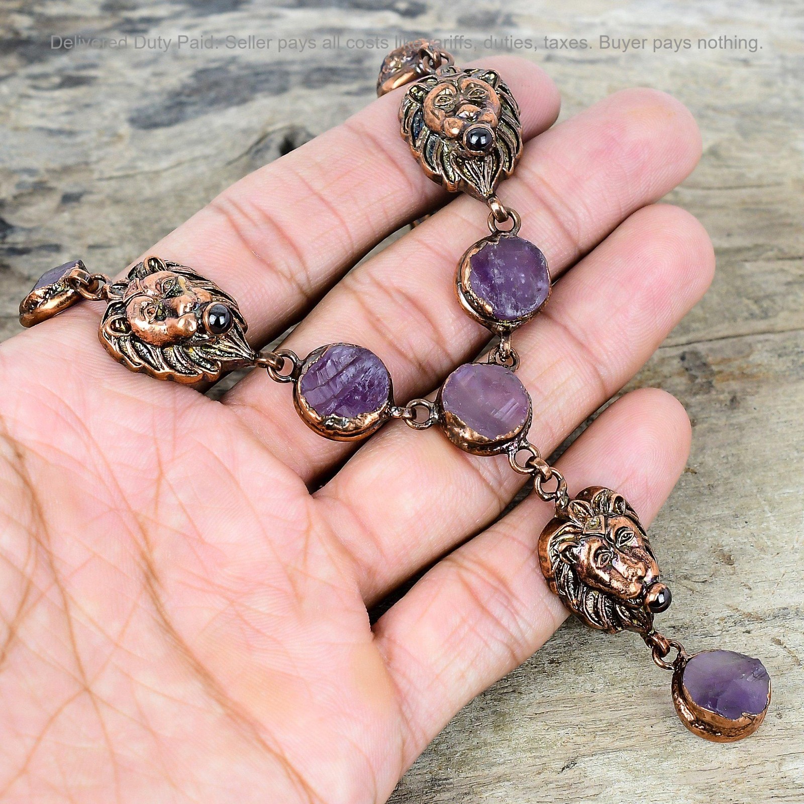 Copper African Amethyst Rough Stone Chain Electroformed And Lion Face Necklace