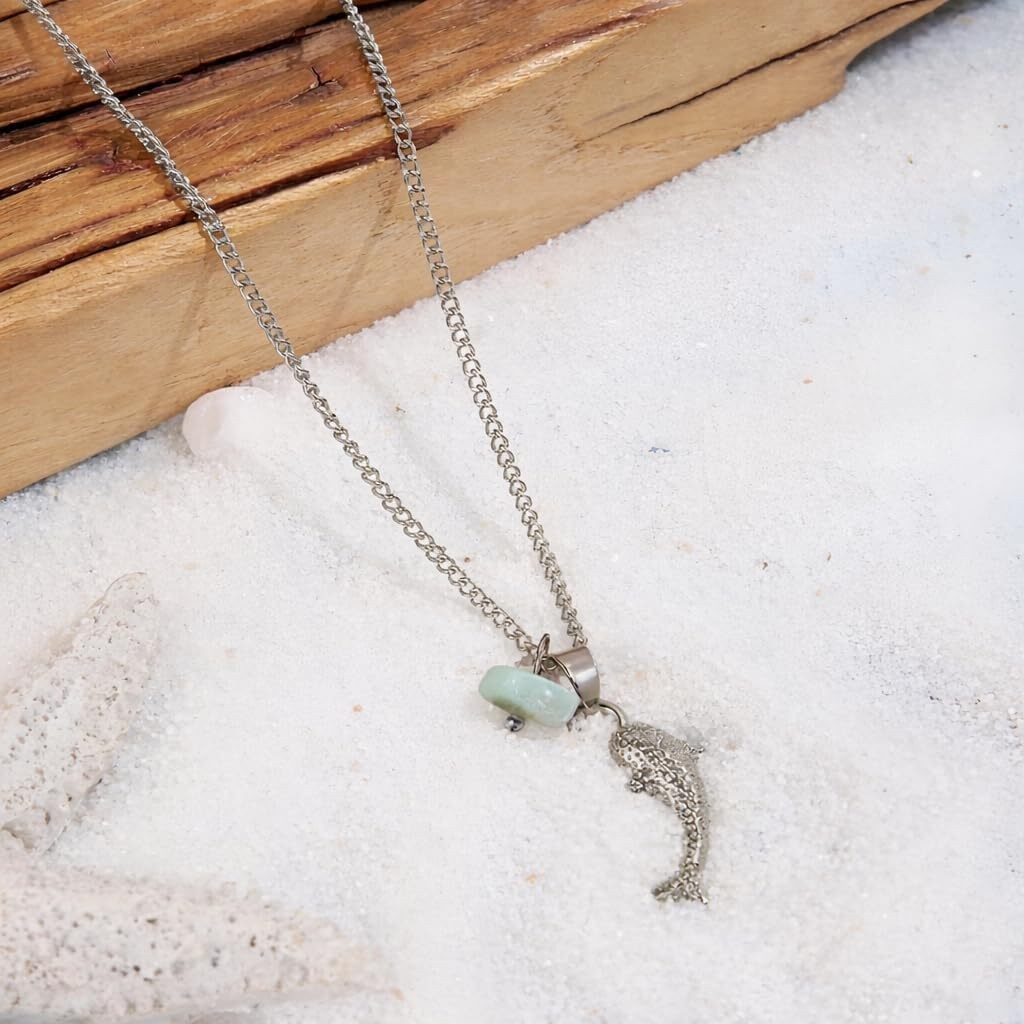 Stainless Steel Dolphin Necklace with Blue Sea Glass Accent