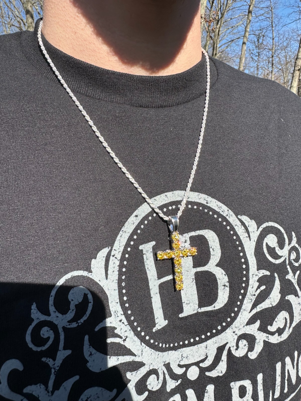 Yellow Canary MOISSANITE Real 925 Silver Cross Iced Pendant Necklace Hip Hop