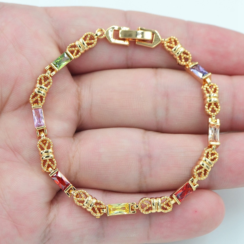 18K Yellow Gold Filled Women Multicolor Topaz Geometric Rectangle Charm Bracelet