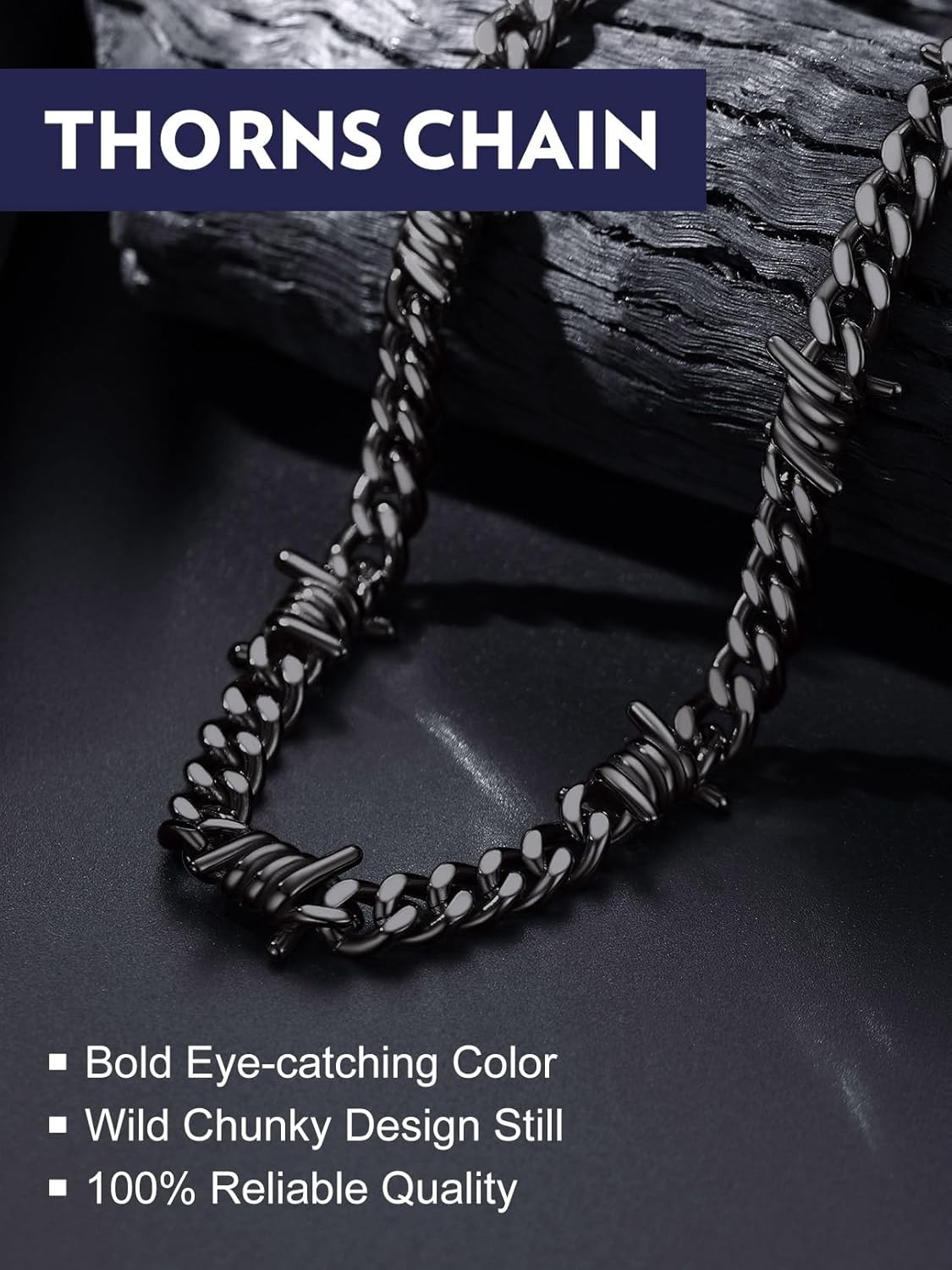 Barbed Wire Cuban Chain Necklace for Women Men Stainless Steel/Black Thorns C…