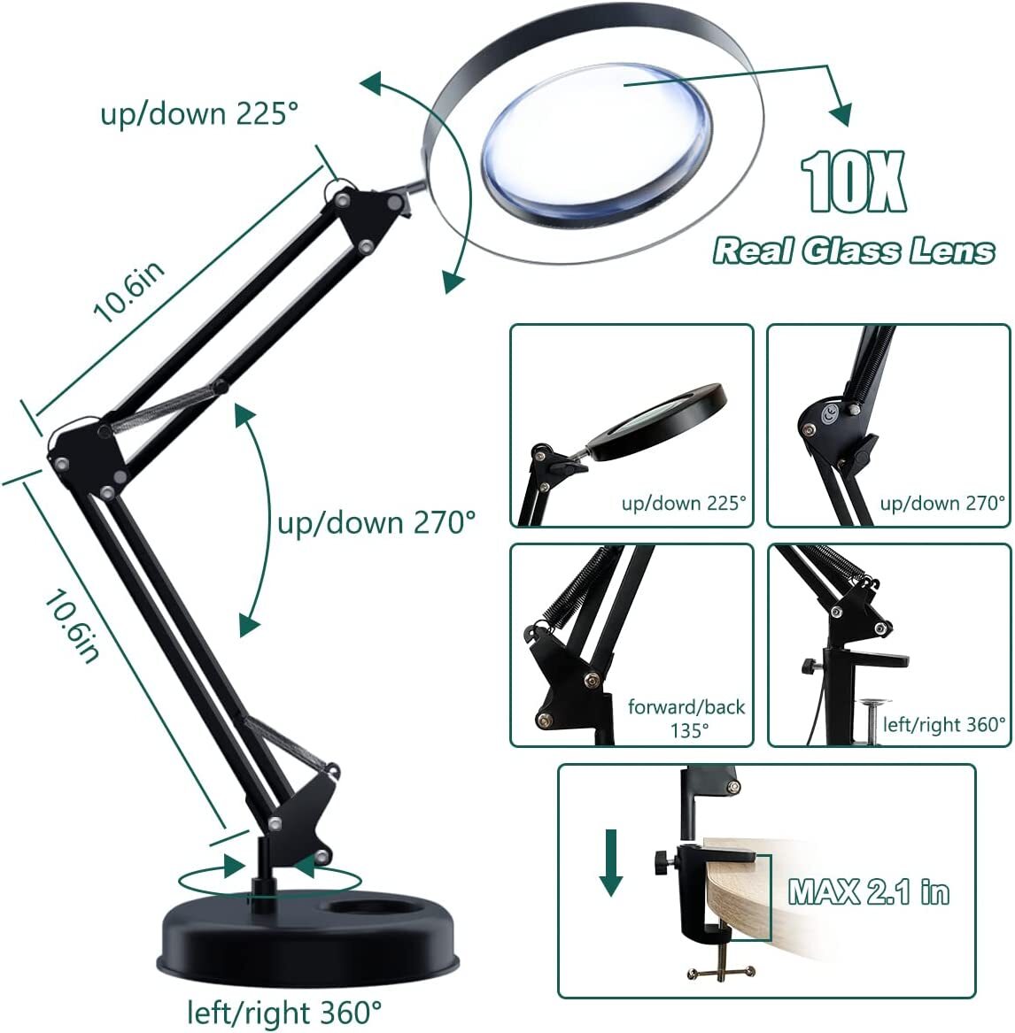 10X Magnifying Glass Desk Light Magnifier LED Lamp Reading Lamp With Base&Clamp
