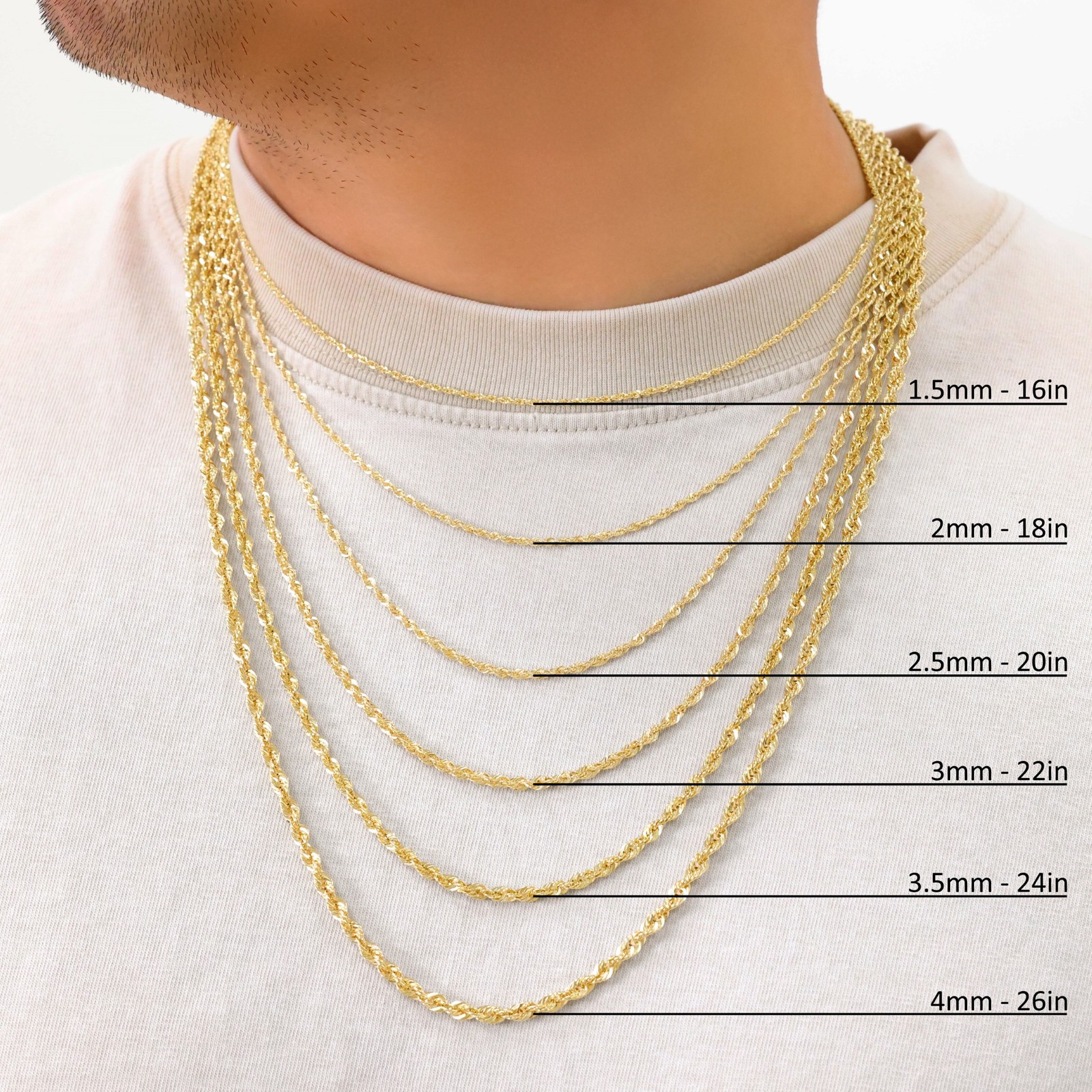 14K Yellow Gold 1mm-4mm Laser Diamond Cut Rope Chain Necklace Men Women 16″- 30″