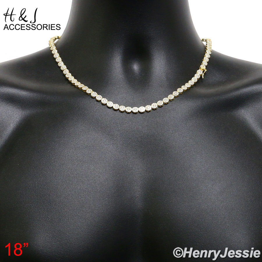 MEN 925 STERLING SILVER 18″-30″X5MM GOLD PLATED 1 ROW CZ CLUSTER NECKLACE*GN15