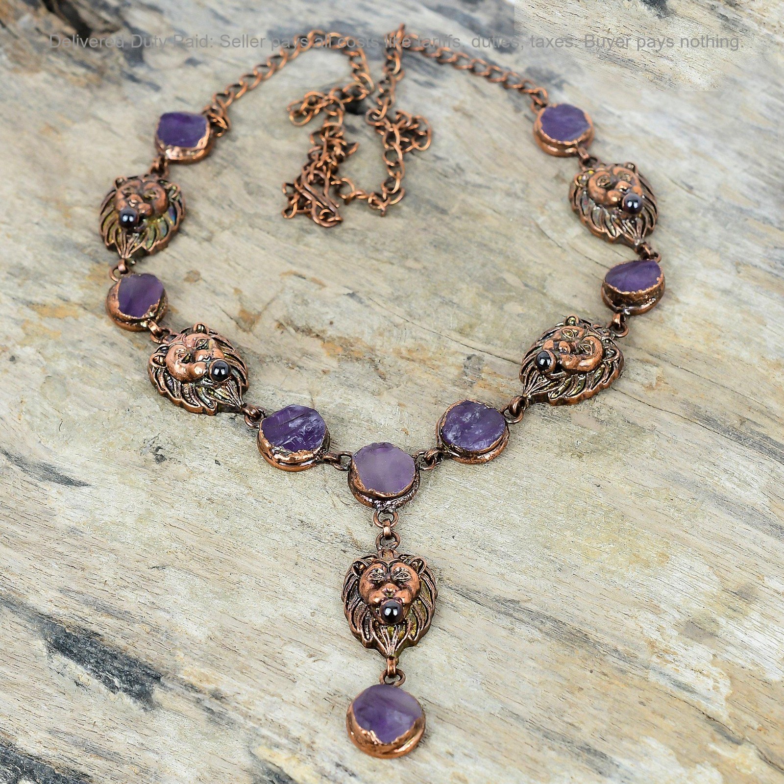 Copper African Amethyst Rough Stone Chain Electroformed And Lion Face Necklace