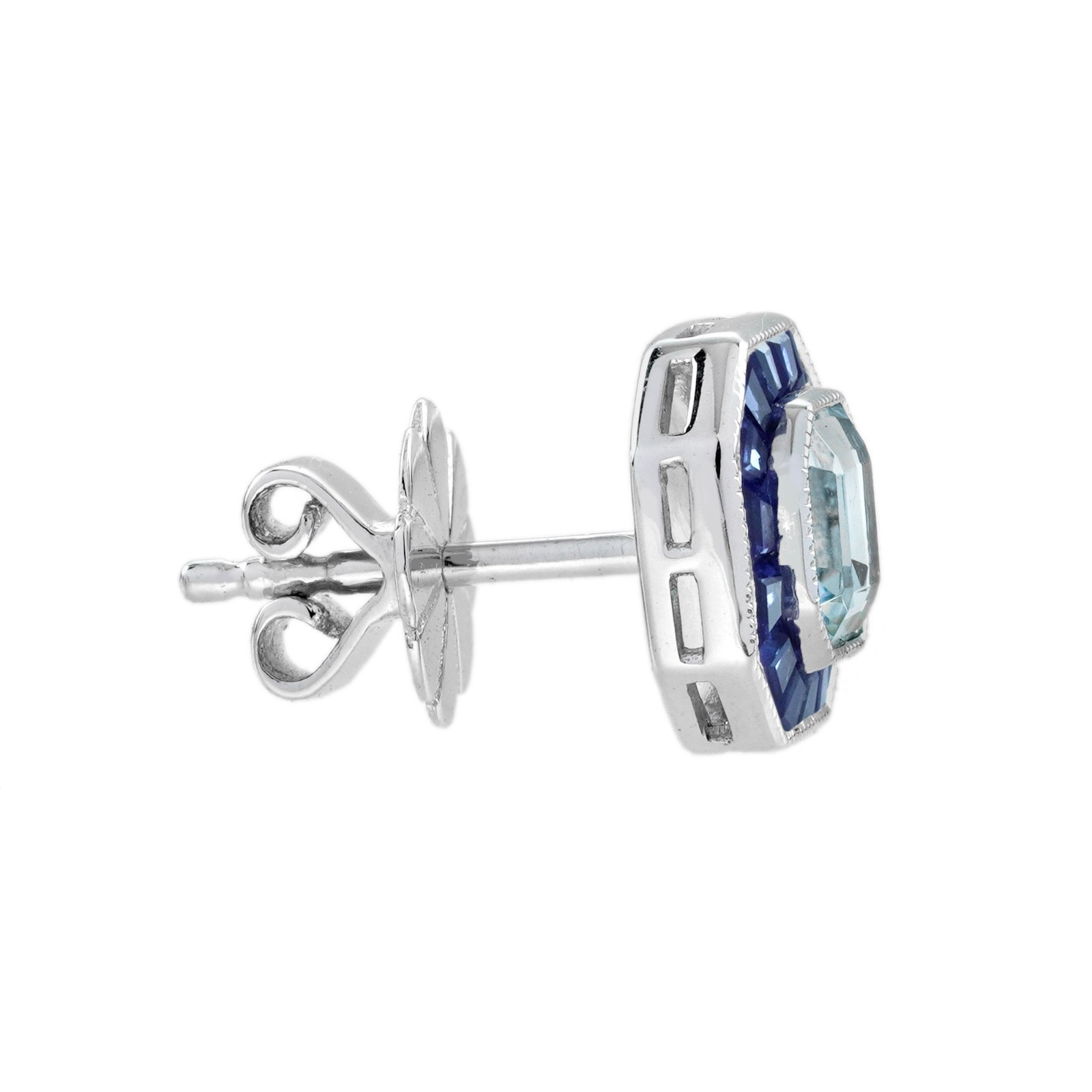 14K White Gold Aquamarine Blue Sapphire Jewelry Set Necklace Stud Earrings