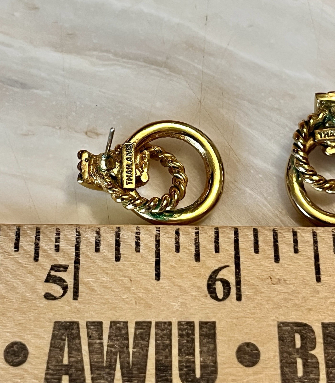 VINTAGE THAILAND SIGNED GOLD TONE METAL EARRINGS, DESIGNER ROPE STYLE, EUC