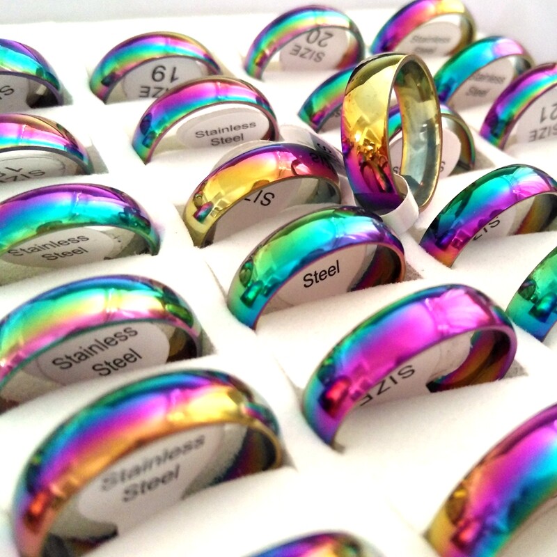 Bulk Lots 100pcs Stainless Stee 6MM Rainbow Band Ring Classic Jewelry Size Mixed