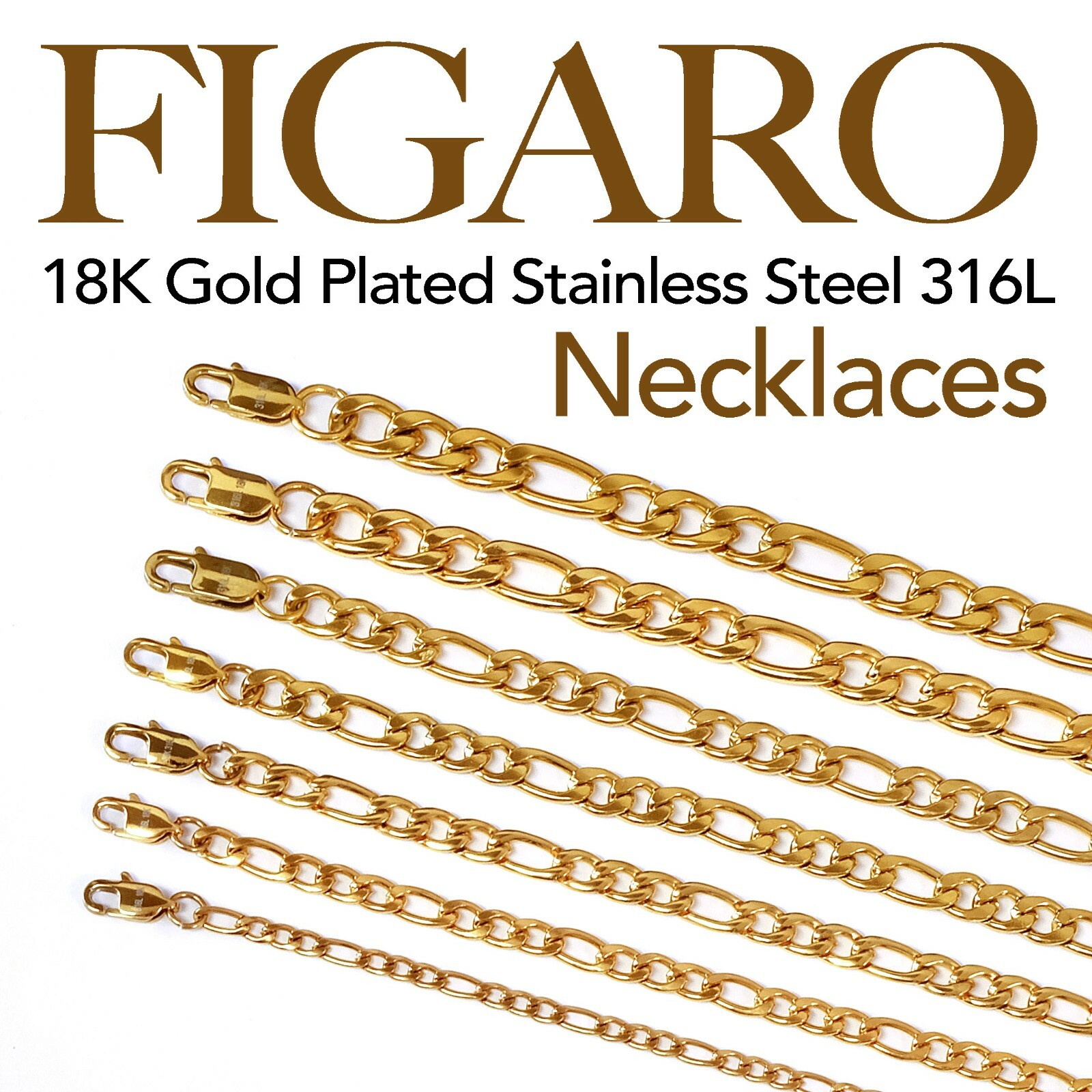 Figaro 18K Gold Plated Stainless Steel Link Chain Necklace Man Woman 14in-48in