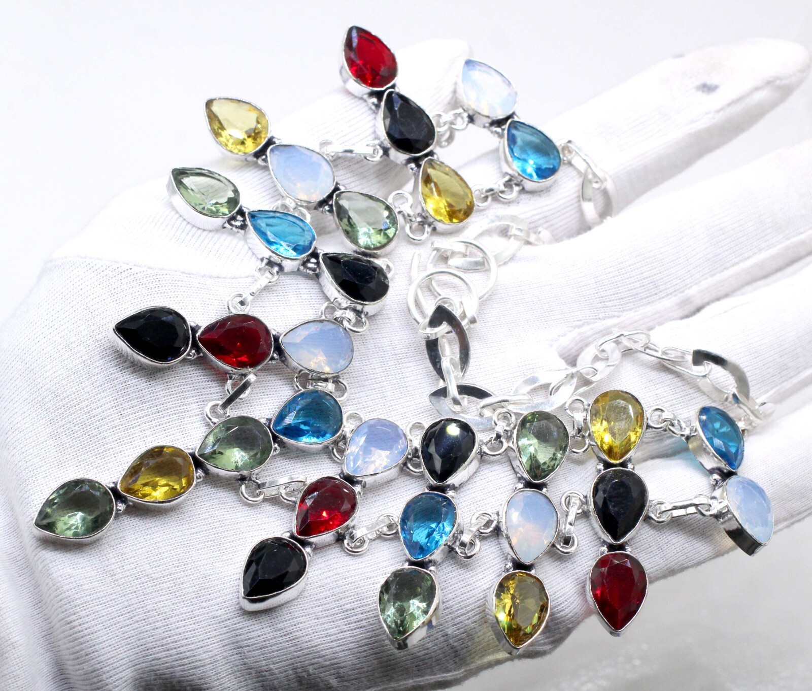 925 Sterling Silver Swiss Blue Topaz & Mix Gemstone Jewelry Necklace Size-17-18