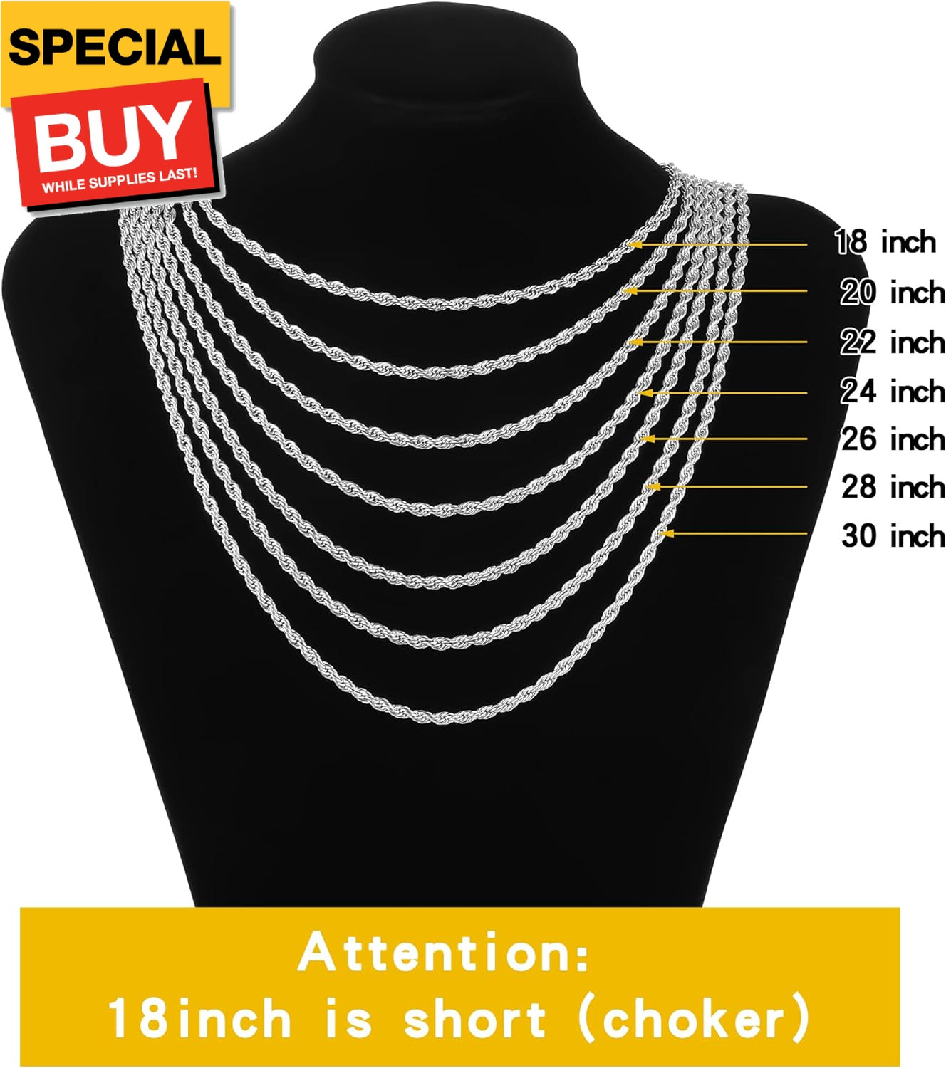 3mm Rope Chain Necklace for Men, Silver Tone Mens Chain Necklace, Stainless Stee