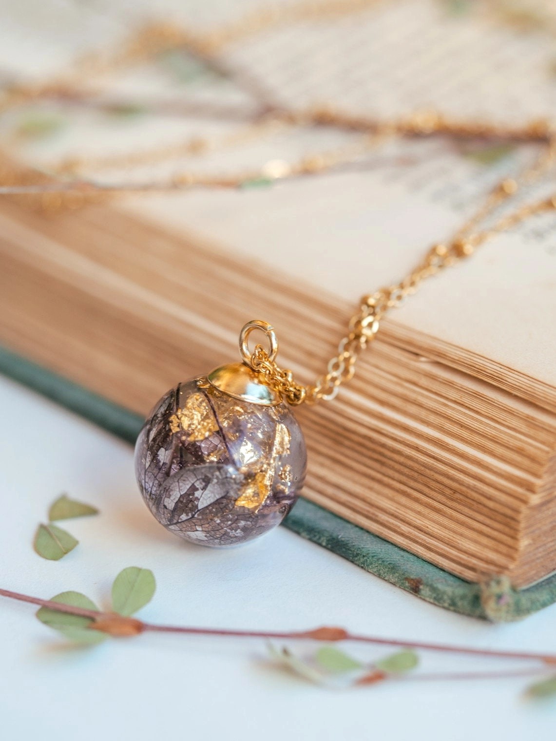 **Dried Hydrangea Resin Orb Necklace Whimsical Fairy Pressed Flower Pendant**