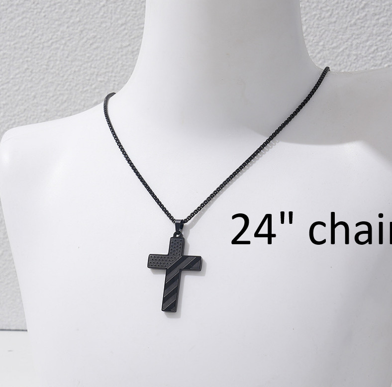 316L Stainless Steel Silver Black Patriotic American Flag Cross Pendant Necklace