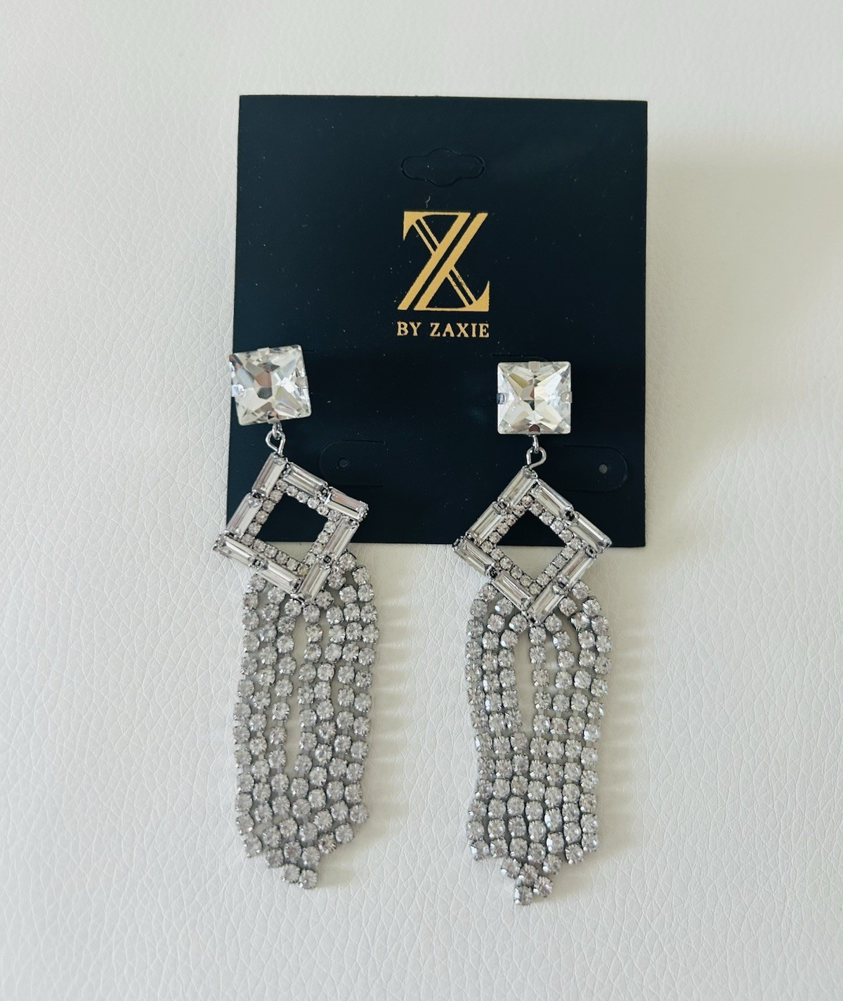 By Zaxie Silver Tone Rhinestone Fringe Dangle Earrings Geometric Statement