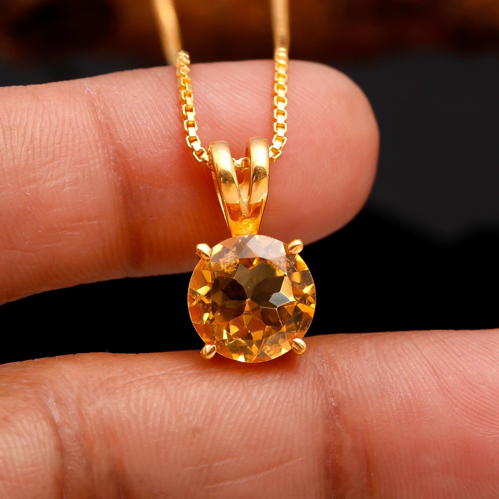 Natural Citrine Quartz Round Chain Pendant Gold Fill 925 Sterling Silver Jewelry