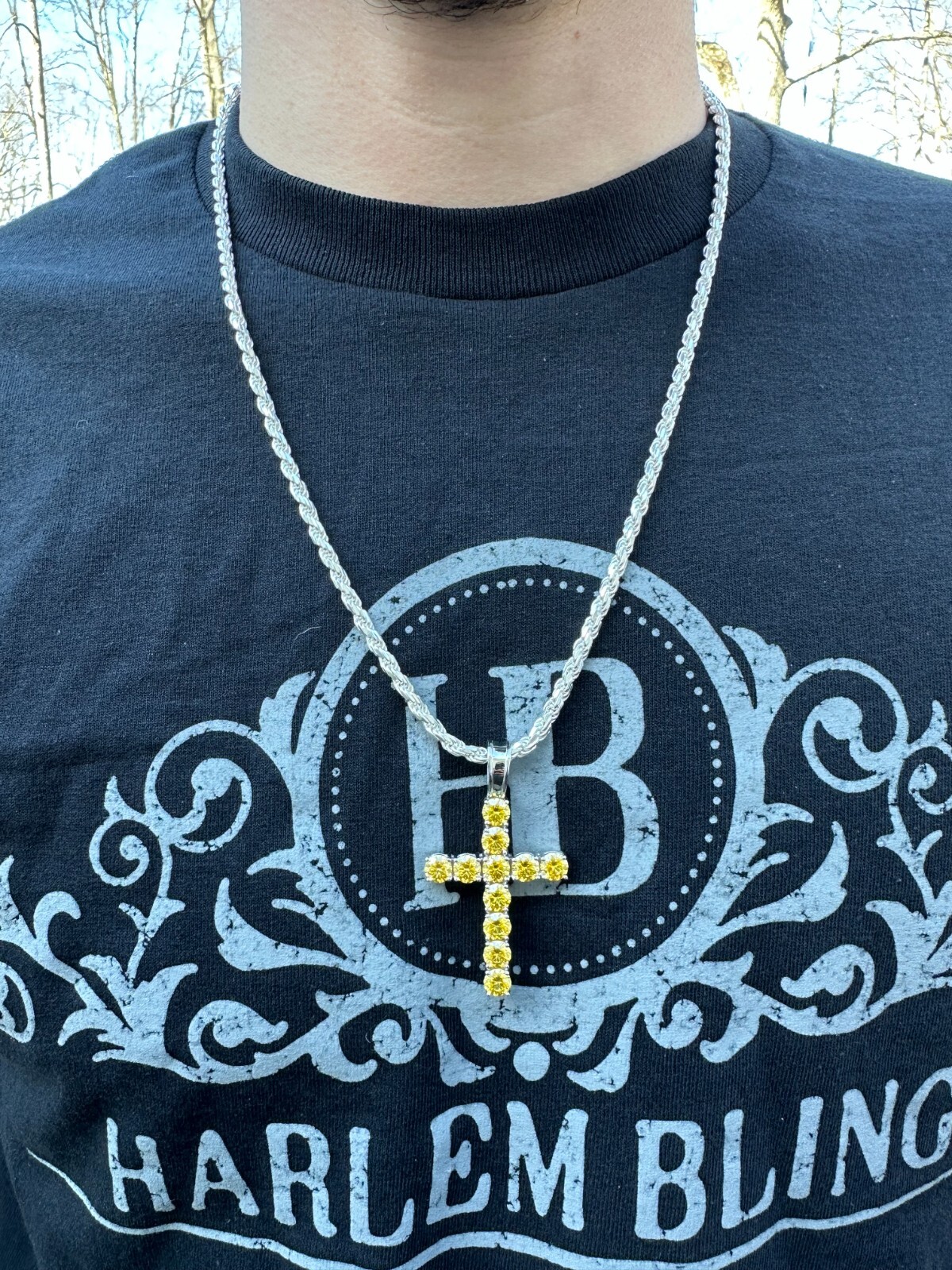 Yellow Canary MOISSANITE Real 925 Silver Cross Iced Pendant Necklace Hip Hop