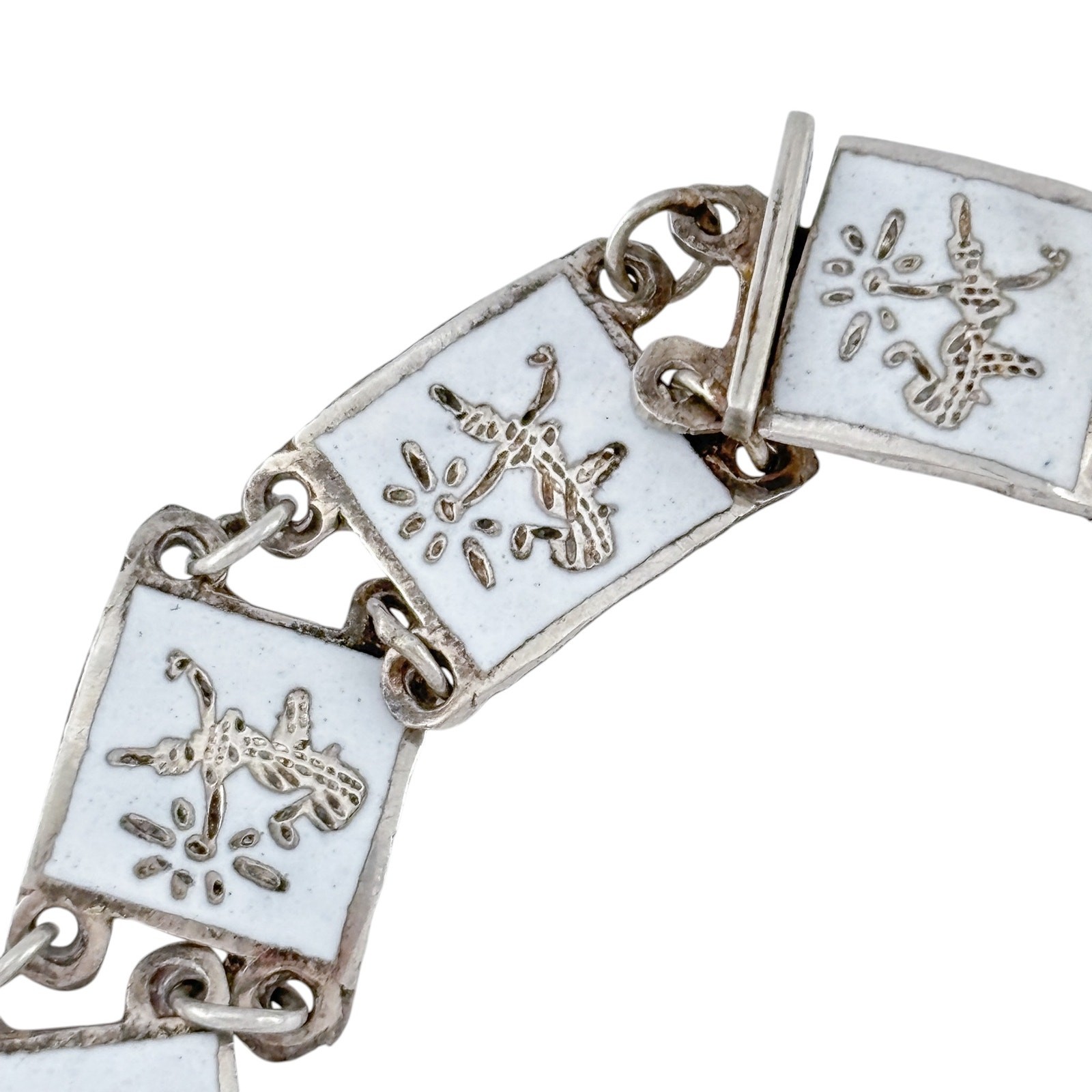 Vintage Sterling Silver 925 White Niello Siam Dancer Link Bracelet 7.25″