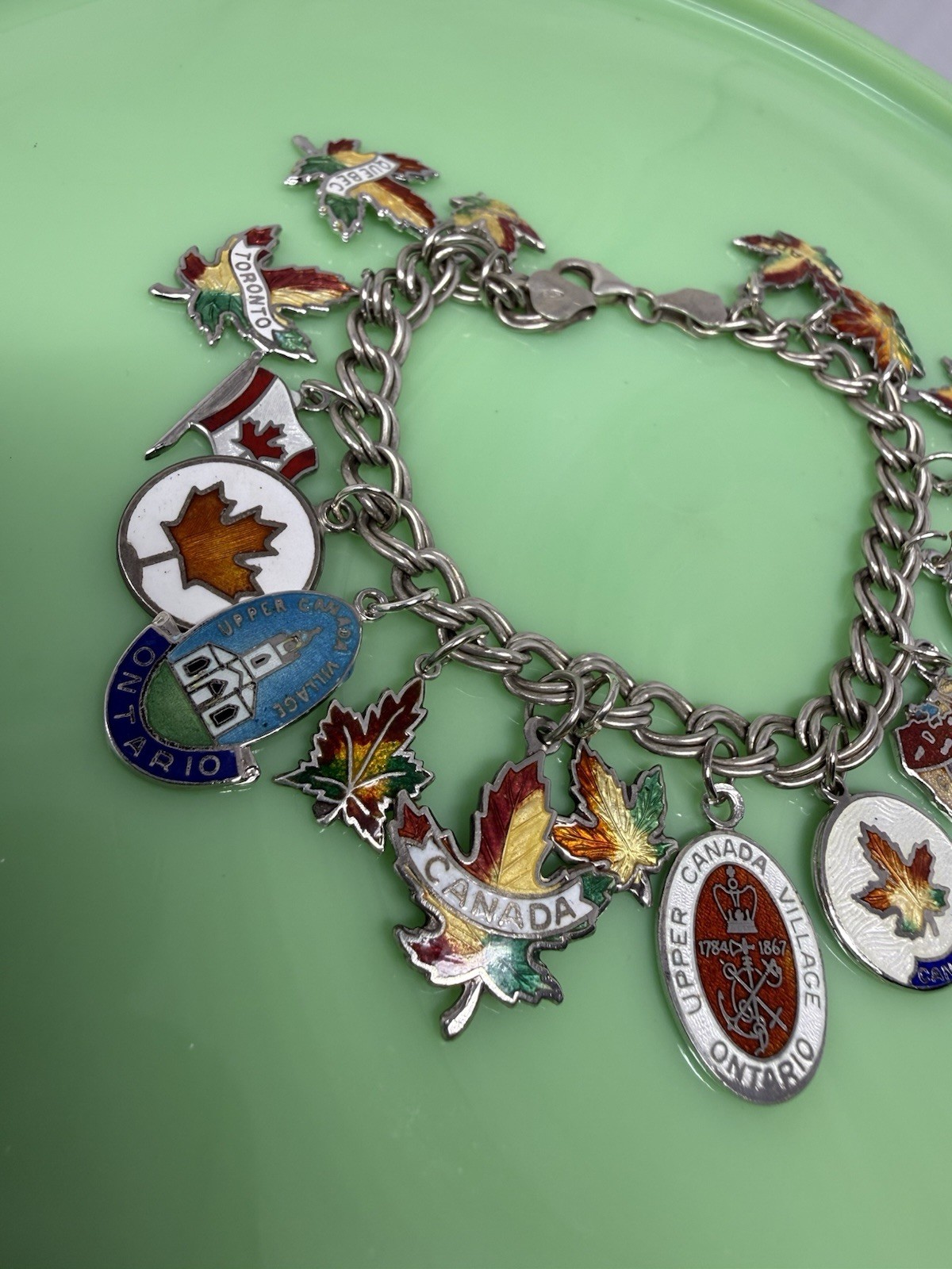 Vintage Sterling Silver Enamel Canada Travel Maple Multi Charm Bracelet 43g