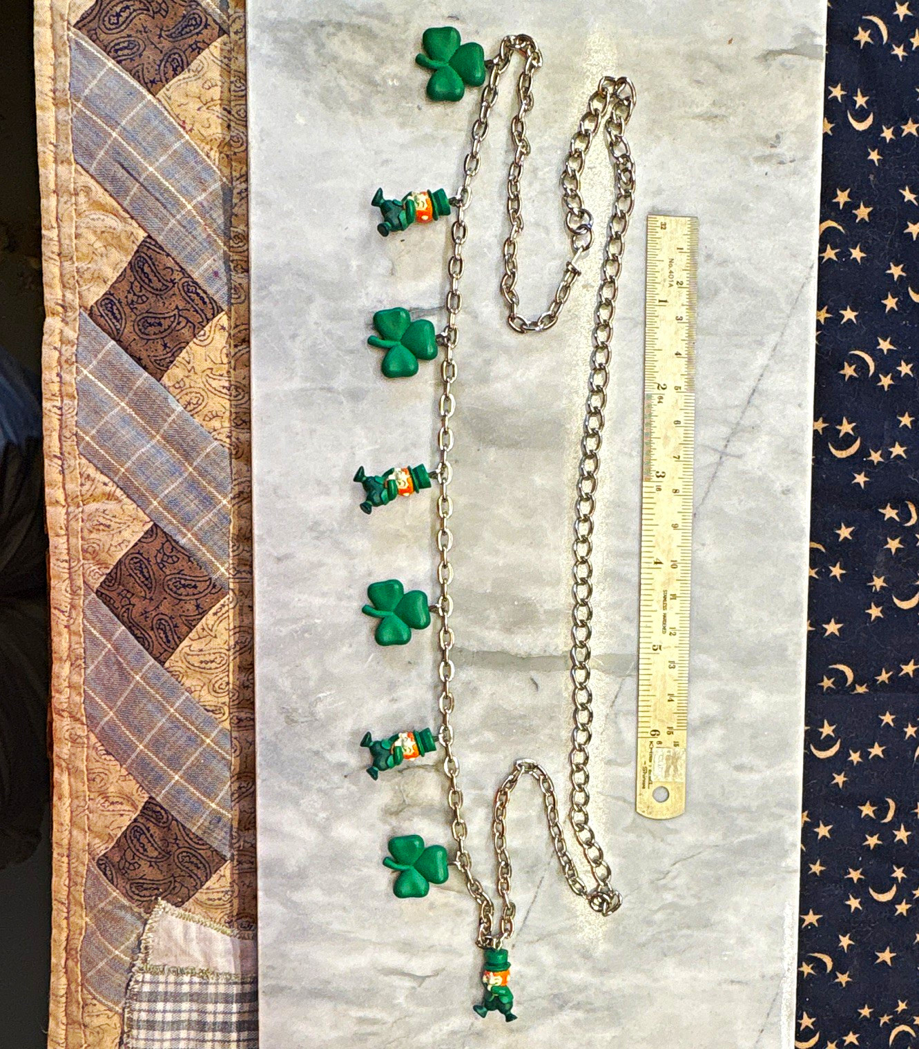 Silver Tone Cable Chain Charm Necklace Green Clover & Leprechaun, Spring Ring