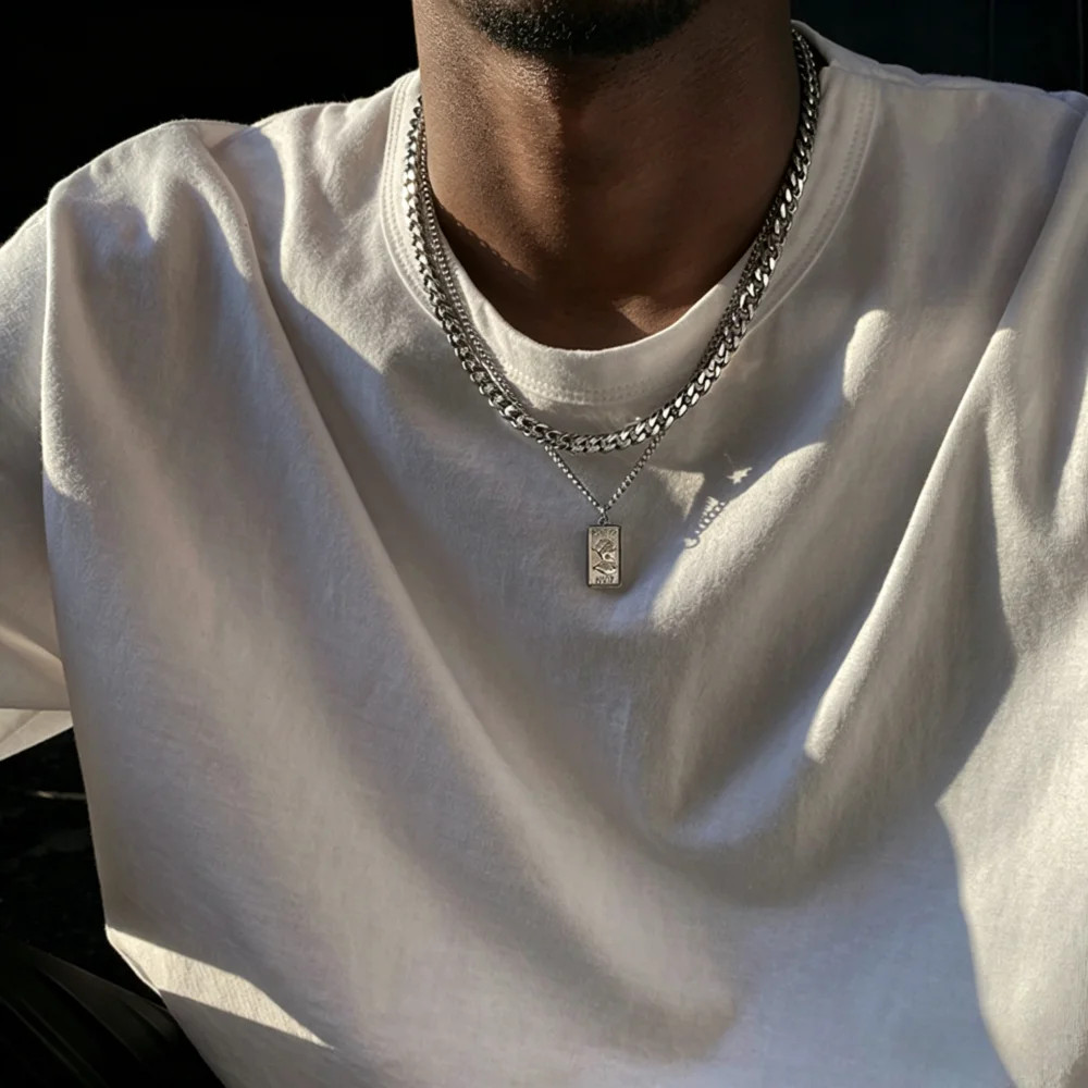Retro Double Layer Cuban Chain Necklace Hip Hop Men Stainless Steel Pendant Neck