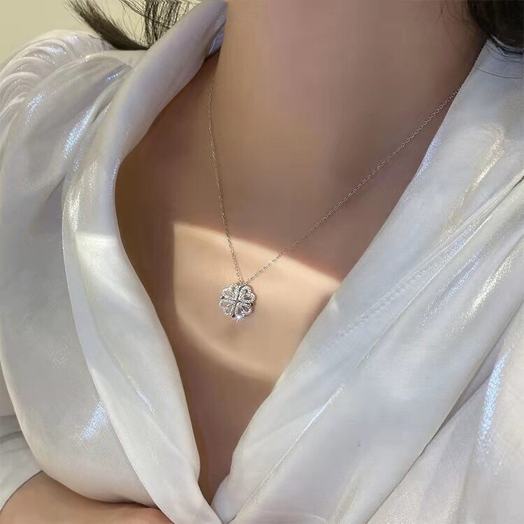 Fashion 925 Sterling Silver Love Heart Shaped Clover Magnetic Pendant Necklace