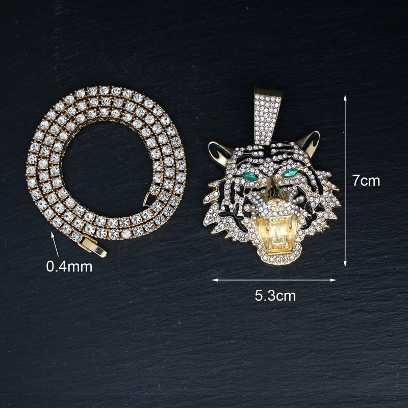 Hip Hop Iced CZ Tiger Pendant Necklace Crystal Cuban Chain Fashion Charm Jewelry