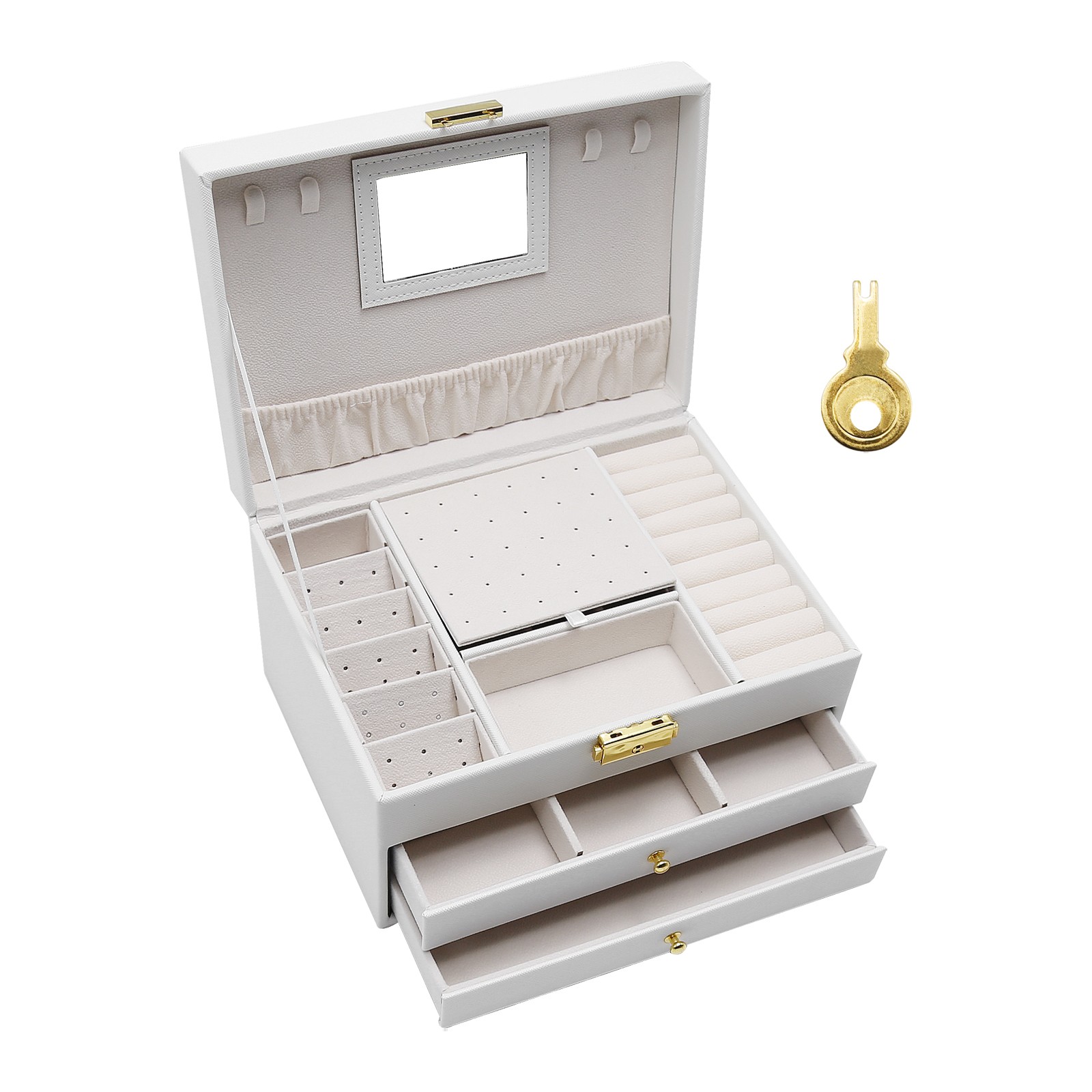 White 3-Layer Jewelry Box Portable Travel Storage Case with Mirror & Lock Key