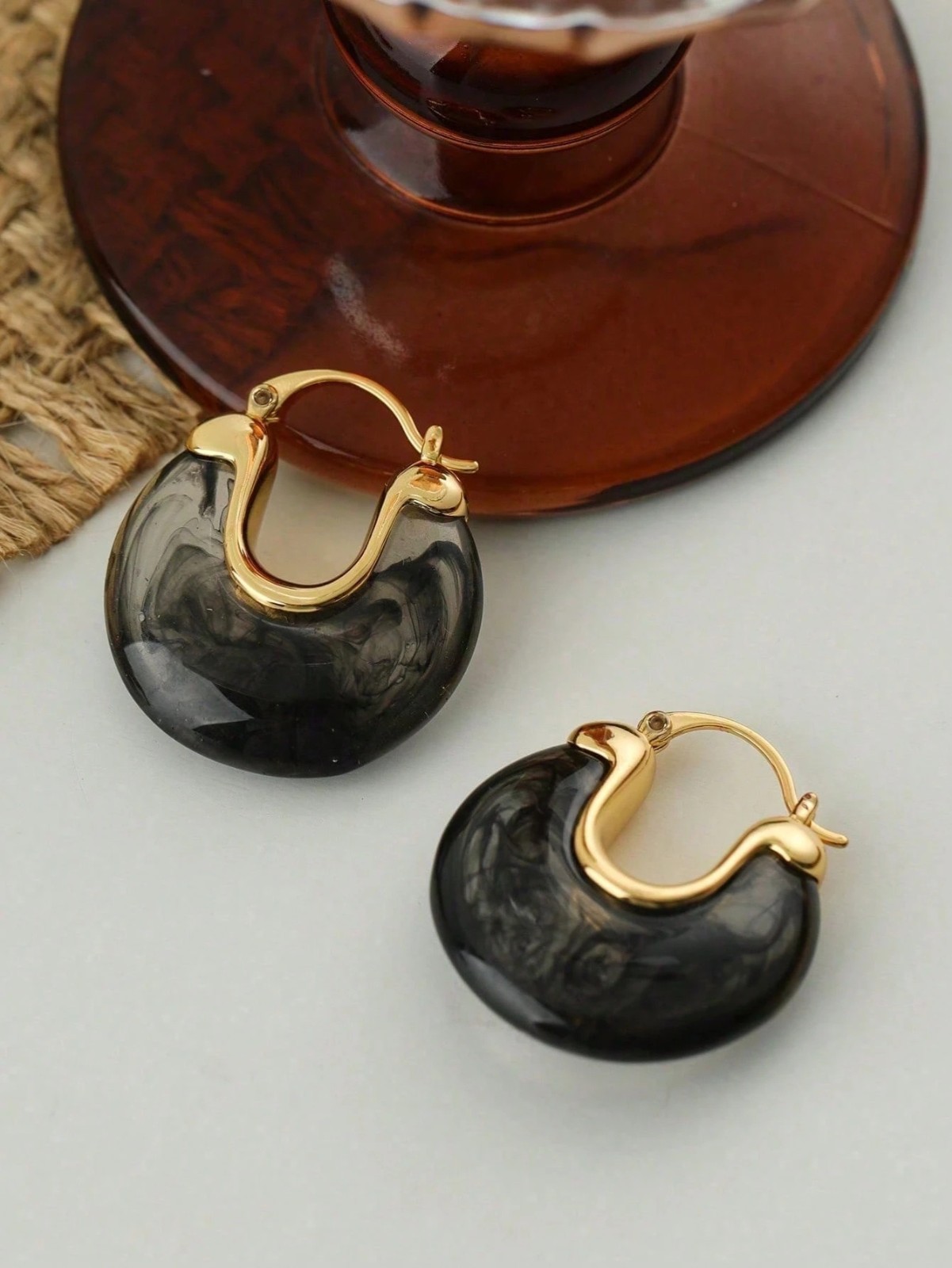 Gold Tone Marbled Wide Hoop Earrings Women Fashion Jewelry Gift Set Style Dangle