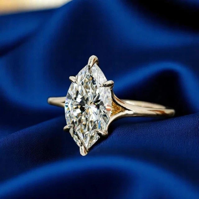 2.50 Ct Marquise Lab Created Stone Solitaire Wedding Ring 14k Yellow Gold Plated